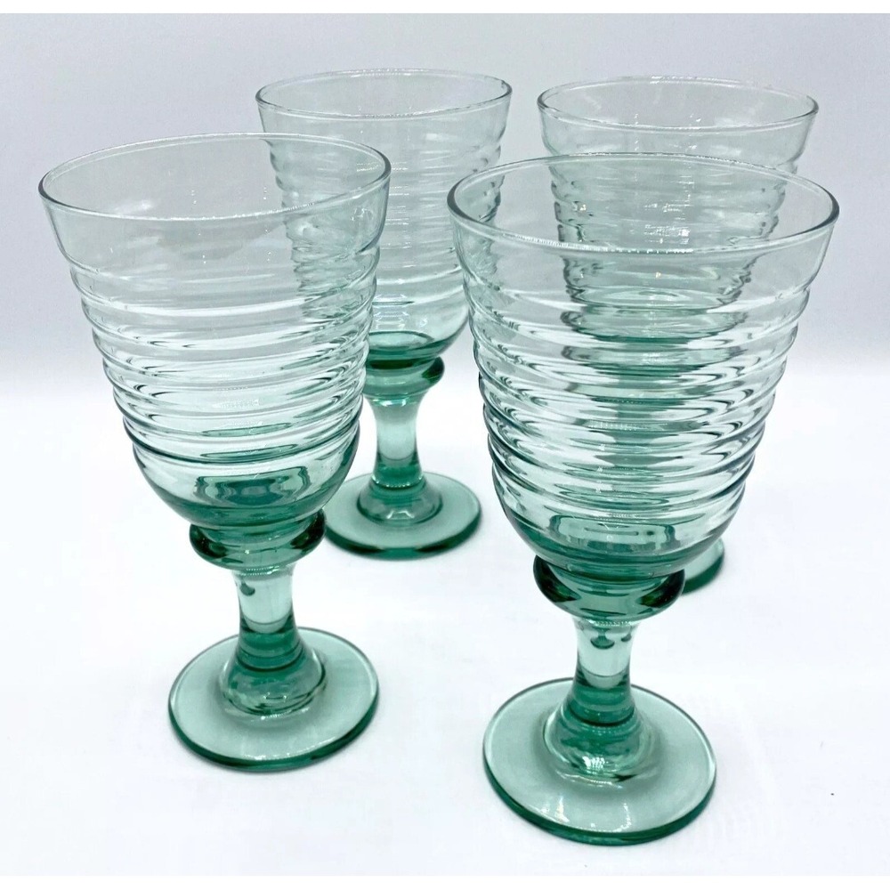 4 Vtg 90s Libbey Sirrus Spanish Green Glass Stemmed Water Goblets Ribbed EUC
